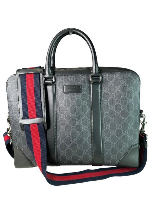 Gucci Other - Gucci Gray GG Supreme Briefcase with Red/Navy Web Strap